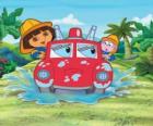 Dora The Explorer девушку рядом с обезьяной сапогах, с пожарной машины